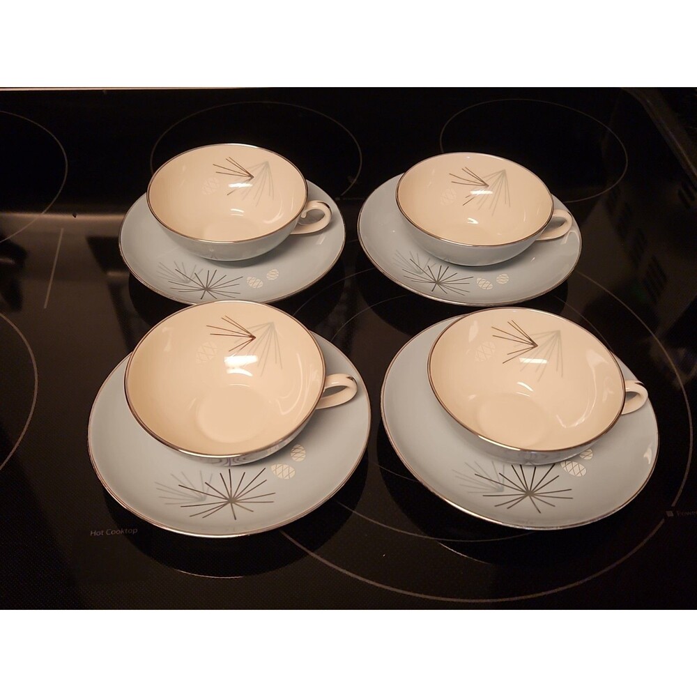 Set Of 4 Vintage MCM Franciscan Silver Pine Tea Cup & Saucer Sets Very Nice